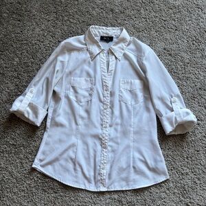 BCX Size L White 3/4 Sleeve Button Down Blouse